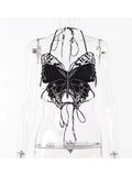 Women Lace Camisole Gothic Black Crop Top Vintage Y2k Summer Fashion Sexy Off Shoulder Bandage Chic Lace Up Butterfly Vest