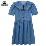 Denim Dress Vintage Doll Collar Button Puff Short Sleeve High Waist Casual Fashion Baggy Short Skirt Ladies