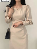 Women Chic Square Collar Dress OL Ladies Puff Long Sleeve Slim Waist Vestdios Female Lace-Up