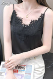 Korean Fashion Silk Women Camis Streetwear Satin Sexy Tops Lace Sleeveless White Female Tank Tops Blouse OL Woman