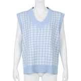 V-neck Sweaters Women Sleeveless Print Casual Y2K Loose England Style Patchwork Knit Autumn Winter Tank Tops