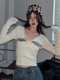 Retro Graffiti Print Elastic T Shirt Women Sexy Slim Crop Top Ribbed Long Sleeve O-neck Tops Grunge Tee Tops