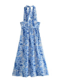 Print Halter Long Dress Women Blue Floral Backless Dress Woman Off Shoulder Sexy Summer Dresses Midi Holiday Party