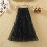 Embroidered Mesh Skirt Emale Spring Long Fairy Skirt Elastic Wasit A Line Flower Women Pleated Skirt Party