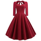 Out Women 50s Rockabilly Dress 3/4 Long Sleeve V Neck Swing Solid Red Blue Green Cotton Retro Vintage Party