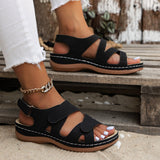 Summer New Sandals Thick Soles Hollowed-Out Slope With Roman Velcro Pure Color Breathable Open-Toed Women's
