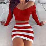 Women V-Neck Striped Long Sleeve Crop Top & Mni Skirt Sets Casual