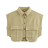 Women's Dress 2025 Solid Color Big Pocket Sleeveless High-End Feel Cardigan Polo Collar Denim Shirt Top