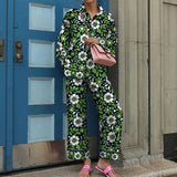 Print Long Sleeve Shirt Outfits Elegant Lapel Buttoned Blouse Long Pant Suits Women Loose Mid Waist Pants Two Piece