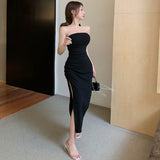 Summer Sexy Socialite Off-the-Shoulder Split Slim-Fit Sheath Fashionable Mid-Length One-Step Off-Neck Dress