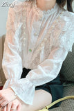 Vintage Sweet Lace Chiffon Blouse 2023 Autumn Beaded Lace Collar Shirt Lady Long Sleeve Ruffle Blusas Tops Mujer