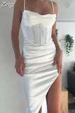 Midi Bodycon Dress white Women sexy Evening Party Dress 2023 New Arrivals Spaghetti Strap Club Night Dress High
