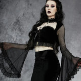 Strapped With Lace Spliced Horn Long-Sleeved Shirt Dark Slim Sexy Navel Cardigan