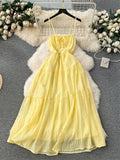 French Gentle Vacation Long Dress Fashion Sleeveless Bandage Square Collar Design Women Chic Ruffles Strap