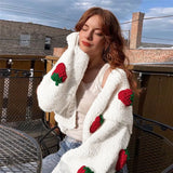 Cute Strawberry Loose V-neck Cardigan Sweater-Outfit
