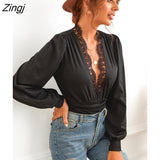 PETAL Plunge Neck Lace Bodysuit For Woman Solid Black Sexy Long Sleeve Bodysuit Jumpsuits 2023 Female Spring Autumn