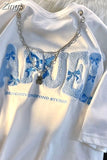 American Letter Embroidery Chain Tees Women Tshirts O Neck Y2k Hip Hop Cotton Tops Half Sleeve Harajuku