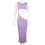 Hollow Out Low Waist Bodycon Long Prom Wrap Dress Sexy Summer Sleeveless Purple Yellow Ankle-length Evening Party