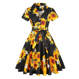 Summer Cotton Vintage Midi Party Dress Short Sleeve 4XL Robe Femme Swing 1950s Retro Floral Print Green Rockabilly