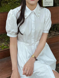 Kitty Elegant Lapel Flowers Women Dress Close Waist Summer Slim Stylish All Match Office Lady High Street Short