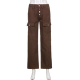 Retro Streetwear Button Up Low Rise Jeans with Pockets Indie Aesthetics Full Length Brown Denim Trousers 90s