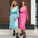2021 Women Dress Heart Print vestidos Wrap around v neck Long sleeve Fashion Pink Chiffon