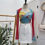 Explosion Tie-Dye-Print Long Sleeve Bottom Sexy Hottie V-Neck T-Shirt Folded Slimming Mesh Yarn Top