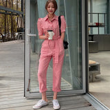 Jumpsuit Women Summer Short Sleeve Loose Casual Jeans Jumpsuits Ankle-length Solid Pink Rompers Belted Woman