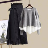 Women Winter Patchwork Long Sleeve Knitted Tops + Asymmetric Skirt 2 Piece Suit Female Party Elegant Two Piece Set 211-0-Outfit