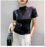 Autumn Mesh Tshirts Women Short Sleeve Half Turtleneck Printed Floral Tees Girls Slim Elastic T Shirts Tops