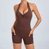 Zingj Adjustable Neck Hanging Nude Yoga Jumpsuit On Both Sides Of The Pockets-Outfit