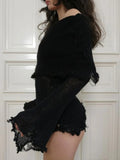 Grunge y2k Ripped Sweater Pullovers Distressed Hollow Out Slash Neck Long Sleeve Knitwears Jumpers for Women 90s