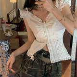 Fairy Lace Patchwork Puff Short Sleeve BlouseOutfit