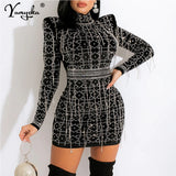 Long sleeve black Rhinestone winter dress women vintage night club woman mini bodycon party dress evening dresses