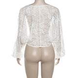 White Sheer Lace Knot Long Sleeve Crop Blouse-Outfit