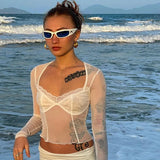 Zingj Women's Spring / Summer 2023 Sexy Mesh Wood Ear Lace Perspective Long Sleeve Top-Outfit