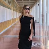 Zingj Summer New Sexy Royal Sister Queen Aura Inclined Shoulder Ribbon Slim Temperament Elegant Dress Female- Outfit