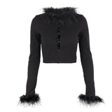 Y2K Streetwear Sexy Ribbed Feather Trim Black Cardigans 2000s Fashion Button Up Long Sleeve Knit Cropped Sweaters