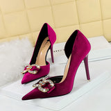 Zingj Banquet High Heels Fine Heel Shallow Mouth Tip Side Hollow Out And Thick Suede Water Diamond Button Bow Single