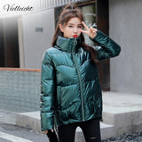2020 Autumn Women's Winter Coats Fashion Silver Stand Collar Parkas Winter Jacket Women Pockets Padded Cotton