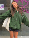 Y2K Print Green Women Hoodies Oversized 2022 Autumn Winter Zip Up Hoodie Vintage Casual Long Sleeve Hooded