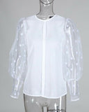 Fashion Polka Dot Sheer Mesh Lantern Sleeve Tops Ladies Solid Baggy Blouse Tee Shirts Plus Size