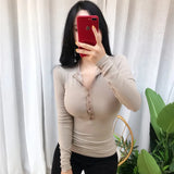 T Shirt Women 2021 Korean Style Women Tops Long Sleeve Button Slim Basic Ropa Mujer Chic Clothes Sexy Deep V Neck T