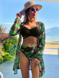 Beach Cover Up And Bikini Set Sexy Swimwear Women Hollow Out Swimsuit High Waist Biquini Female Print