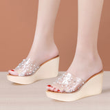 Sandals Slippers Women Wear 2023 New Muffin Thick-Soled Water Drill Two Transparent Large-Size Word Slippers In