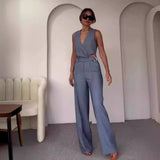 Zingj New Summer Cross Slim Sleeveless Vest High Waist Wide Leg Pants Hot Girl Suit-Outfit