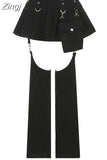 Streetwear Punk Style Rivet Goth Pants High Waist Jeans Cut Out Pleated Detachable Denim Trousers Dark Academia