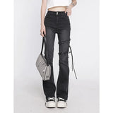 Clothing Flare Jeans Black Lacing High Waist Stretchy Self Cultivation Vintage Casual Baggy Ladies Denim Trouser