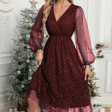 Zingj New V-Collar Elegant Slim Solid Color Stitching Mesh Perspective Sprinkling Powder Dress Female-Outfit