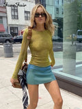 Knitted Casual Green Women Long Sleeve Summer Y2K T Shirt Tops See Through Sexy Party Outfits Basic Beach Tees Crop